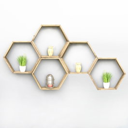 Hanah Home Hex002 Estantería de Pared de Madera de Abeto, 5 Piezas, Nogal